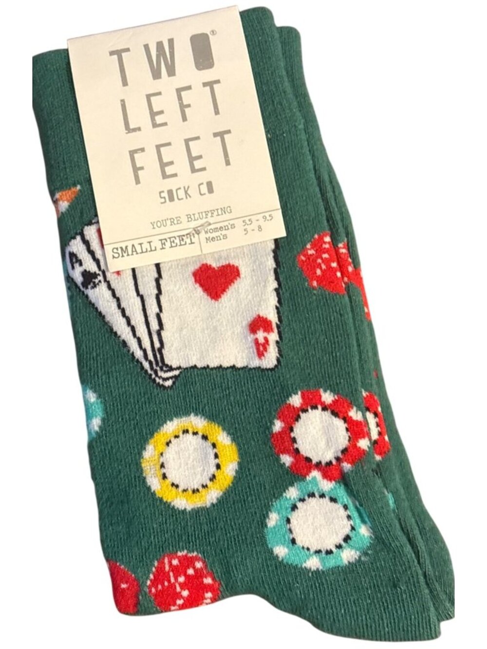 Unisex Two Left Feet You’re Bluffing Poker-Themed Socks Small Feet Green Cotton